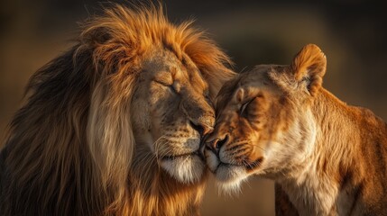 Naklejka premium Intimate moment between a male lion and a tigress nuzzling with heads together in warm golden savanna light