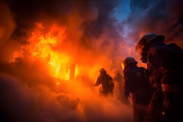 Firefighters battle intense flames in dark, smoky environment.