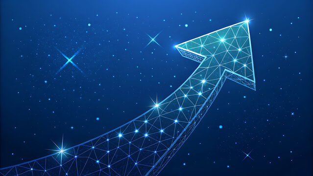 Glowing Blue Wireframe Arrow Ascending Against Starry Digital Background growth success