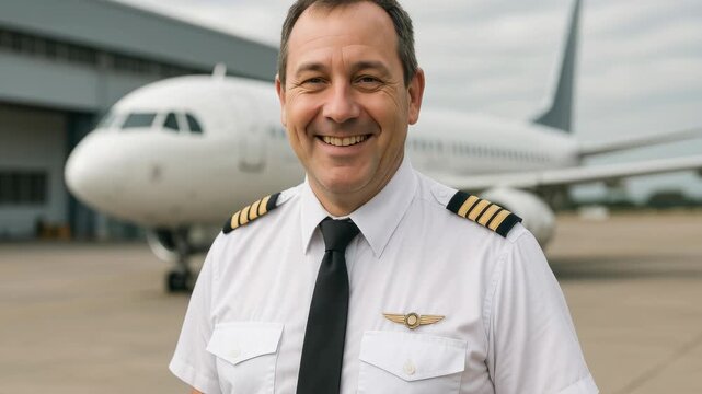 Smiling pilot in uniform stands confidently in front of an airplane. Captured from a frontal angle, ideal for aviation-themed video content.