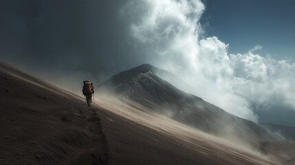 Hiker ascending the slopes of a dormant Colombian volcano on black volcanic sand with clouds circling the crater rim