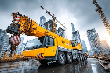 Crane hoisting metal girders at a busy city build site with crew and skyline background