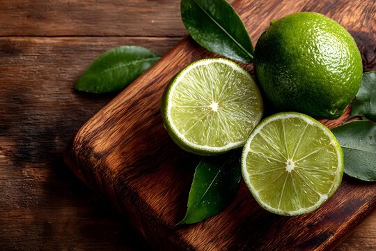 Lime halves and leaves on a wooden board like sunshine slices ready to zing.
