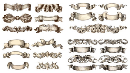 Vintage baroque ribbon banner collection with ornate scroll decorations. Perfect for invitations, labels, certificates, heraldic emblems, and classic graphic design.