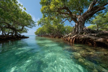 Naklejka premium Mangrove roots and trunks in shallow tidal water with full trees and shoreline view.