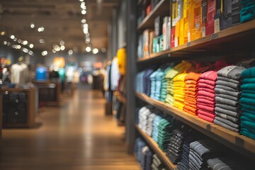 Obraz premium Merchandise nicely displayed on shelves in a bright shop perfect for web banners wide shot