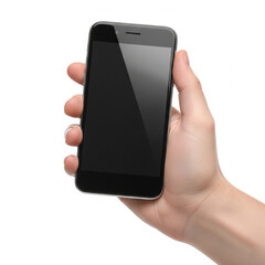 A clean and versatile isolated shot of a hand holding a generic mobile phone. This image is perfect for mockups