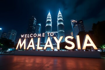 Welcome to Malaysia – glowing modern sign by Petronas Towers lit at night in Kuala Lumpur, ultra HD.