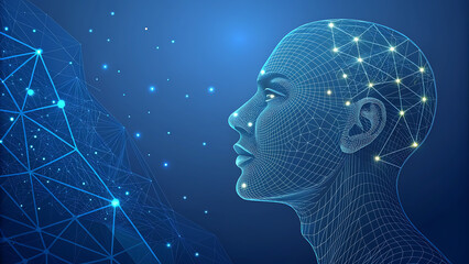 Digital human head wireframe with glowing connections and data points artificial intelligence