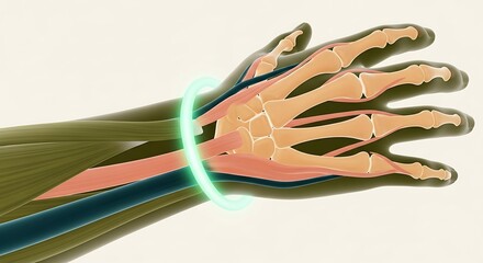 Anatomical X-Ray View of an Inflamed Wrist with a Glowing Green Therapeutic Ring.