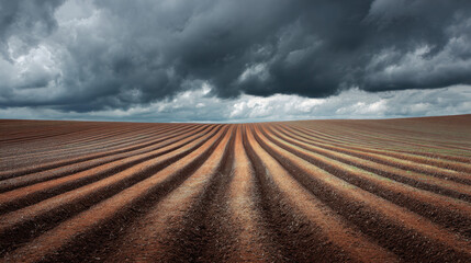Plowed field with deep furrows stretching into the horizon under dramatic storm clouds, creating a powerful rural farming landscape
