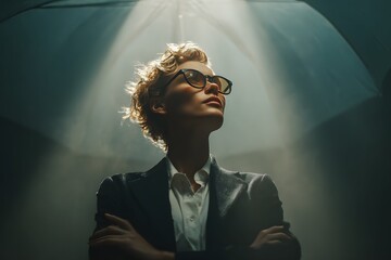 Confident rainmaker lady under studio light, holding umbrella as a symbol of leadership.