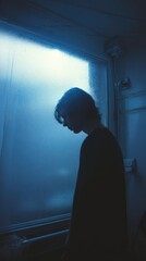 A silhouette of a pensive figure in blue light.