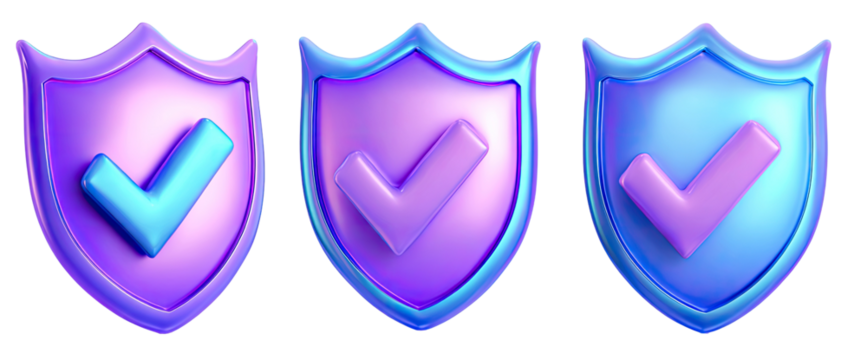 Three 3D rendered shields with checkmarks - Powered by Adobe
