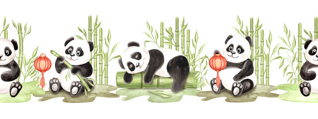 Pandas sitting and sleeping surrounded by green bamboo watercolor seamless border for kids design. Hand drawn illustration black and white funny bear. Whimsical animal character for childrens theme.