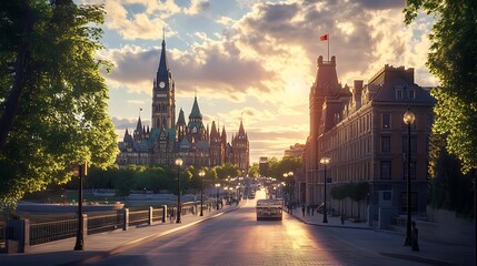 Fototapeta premium Scenic downtown ottawa architecture glowing under dramatic sunset sky evening image