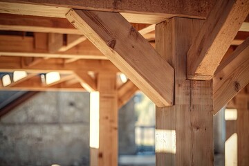 Close-up view of wooden support beams and rafters.
