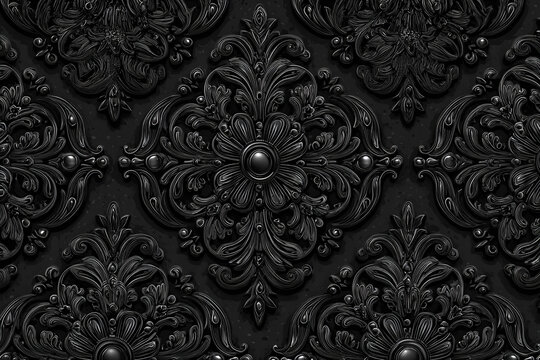 Fototapeta Elegant black damask pattern intricate design luxurious wallpaper ornate texture floral motifs background