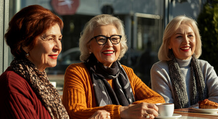 Three female friends laugh over coffee, basking in warm sunlight