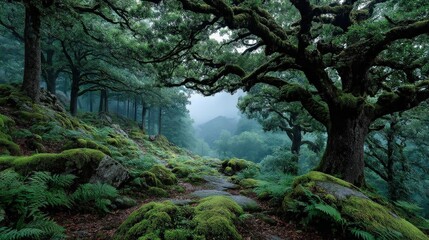Fototapeta premium Enchanted forest path covered in moss and ferns, with ancient trees and a mystical foggy atmosphere creating a sense of wonder and mystery