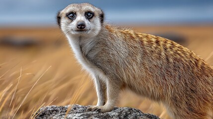 A curious meerkat stands alert on a rock in a dry, grassy savanna, its watchful eyes scanning the horizon for danger
