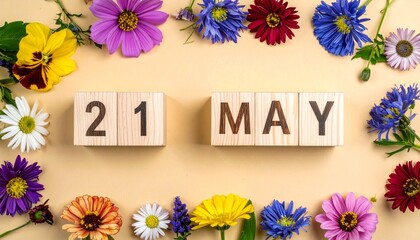 Wooden Blocks with Date 21 May. Floral Calendar – Vibrant Flowers on Solid Colored Background