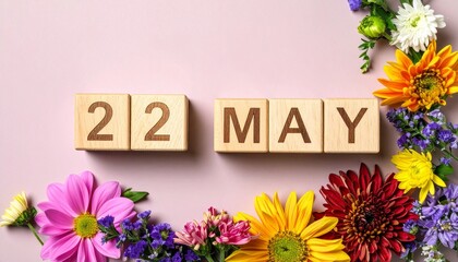 Wooden Blocks with Date 22 May. Floral Calendar – Vibrant Flowers on Solid Colored Background