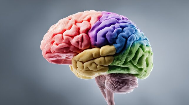 A colorful human brain model, segmented into different colored lobes, isolated on a gray background
