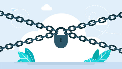 Closed lock with metal chains. Padlock and chains isolated on white background. Concept of protection of information, property, inaccessibility. Symbol security flat design. Vector illustration