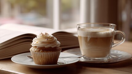 sweet vanilla cupcake with creamy frosting sits beside  glass mug filled with frothy coffee next to  open book