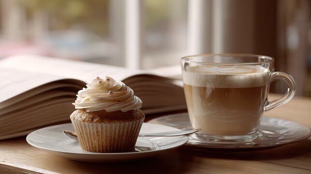 sweet vanilla cupcake with creamy frosting sits beside  glass mug filled with frothy coffee next to  open book