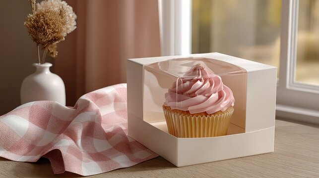 single cupcake with pink frosting sits in white box next to checkered cloth and vase of dried flowers