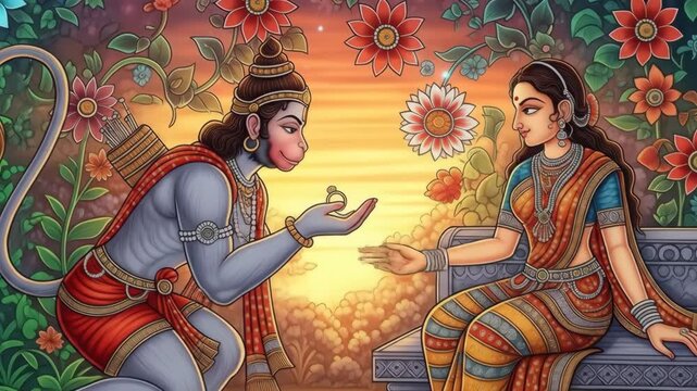 Devotional Illustration Depicting Messenger Presenting a Ring, Set Against a Floral Backdrop with Traditional Indian Art Influences and Warm Sunset Lighting