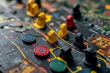 Fototapeta premium Generative AI close-up of black chess king piece with pawns on a chessboard symbolizing strategy and leadership