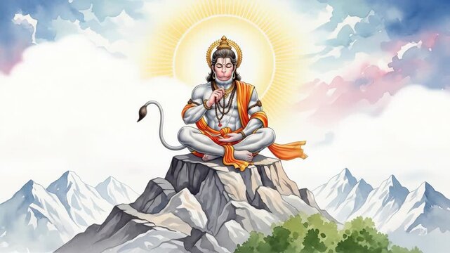 Meditative Illustration of Divine Figure Seated Atop a Mountain with Rosary Beads, Watercolor Style Painting with a Spiritual and Serene Ambiance
