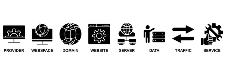 Web hosting icon set vector illustration concept with icon of provider, webspace, domain, website, server, data, traffic and service