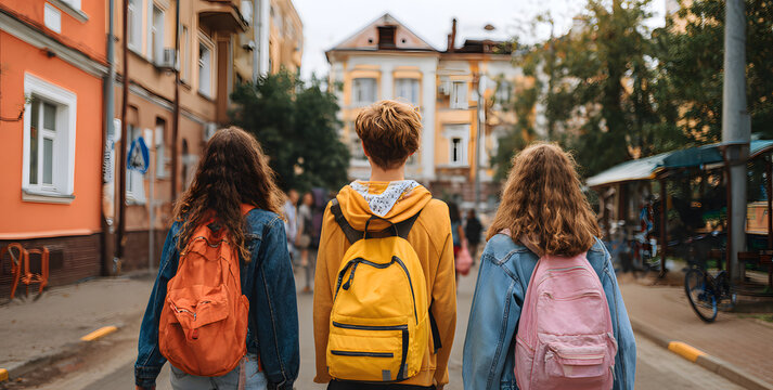 school friends a boy and two girls with school backpcks on their backs walk afer class