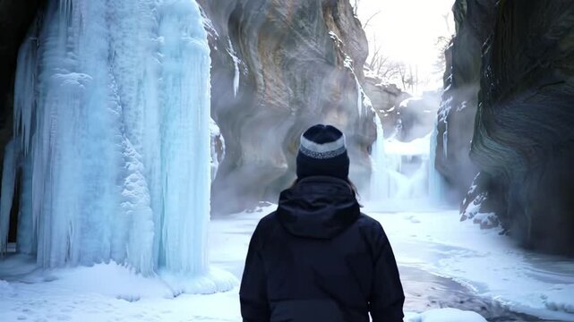 Man in Winter Hat and Jacket at Frozen Waterfall in Canyon