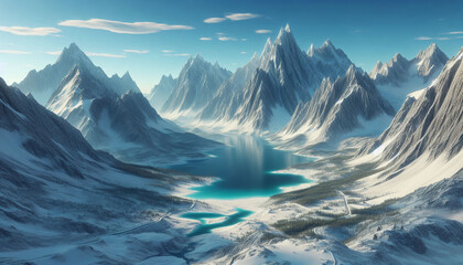 Snow-Covered Mountains with Turquoise Alpine Lake