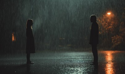 Two figures standing in the rain at night
