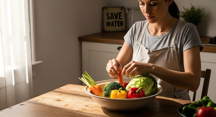 Woman preparing fresh vegetables for healthy meal in bright, sunlit kitchen