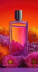 Vibrant perfume bottle surrounded by flowers