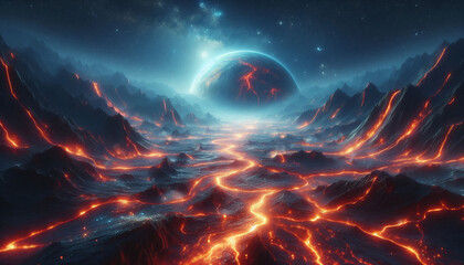 Fiery Rivers beneath a Red Celestial Sky