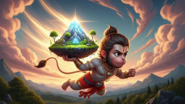 Hanuman Carrying Sanjeevani Mountain, Digital Fantasy Art Illustration