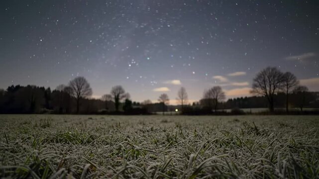 Frozen Grass Field Under Night Sky with Stars