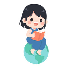 Illustration of Girl Reading on the World