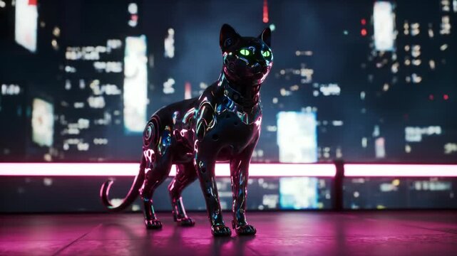 Metallic Robot Cat in Cyberpunk City at Night