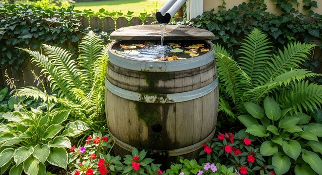 Wooden rain barrel collects water in lush garden surrounded by ferns and flowers