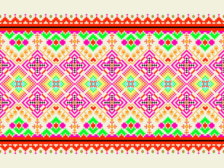 The pixel arrangement is geometric, floral and has bright, eye-catching colors that give a lively feeling.