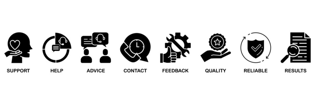 Customer service icon set vector illustration concept with icon of support, help, advice, contact, feedback, quality, reliable, results